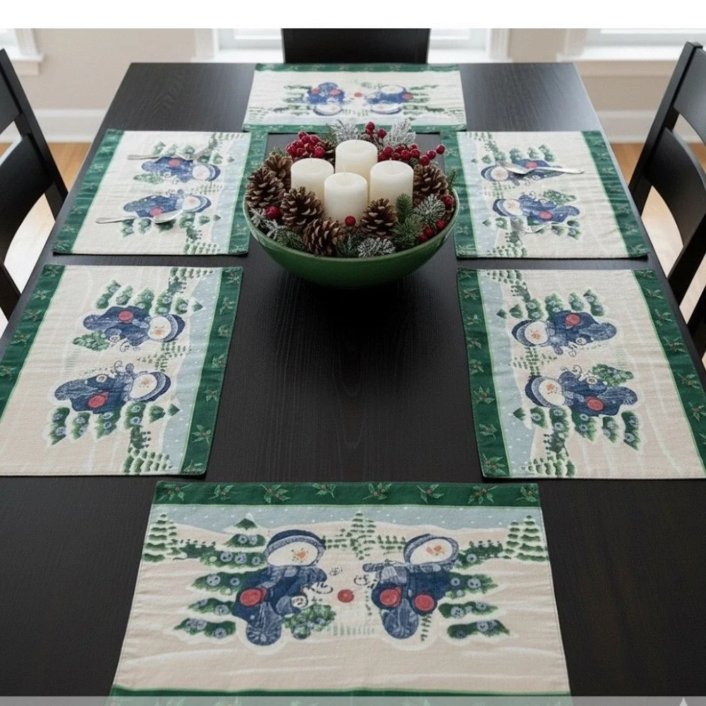 Placemat Set Green Snowman Tapestry Winter Holiday‎ 6pc Cabin Core